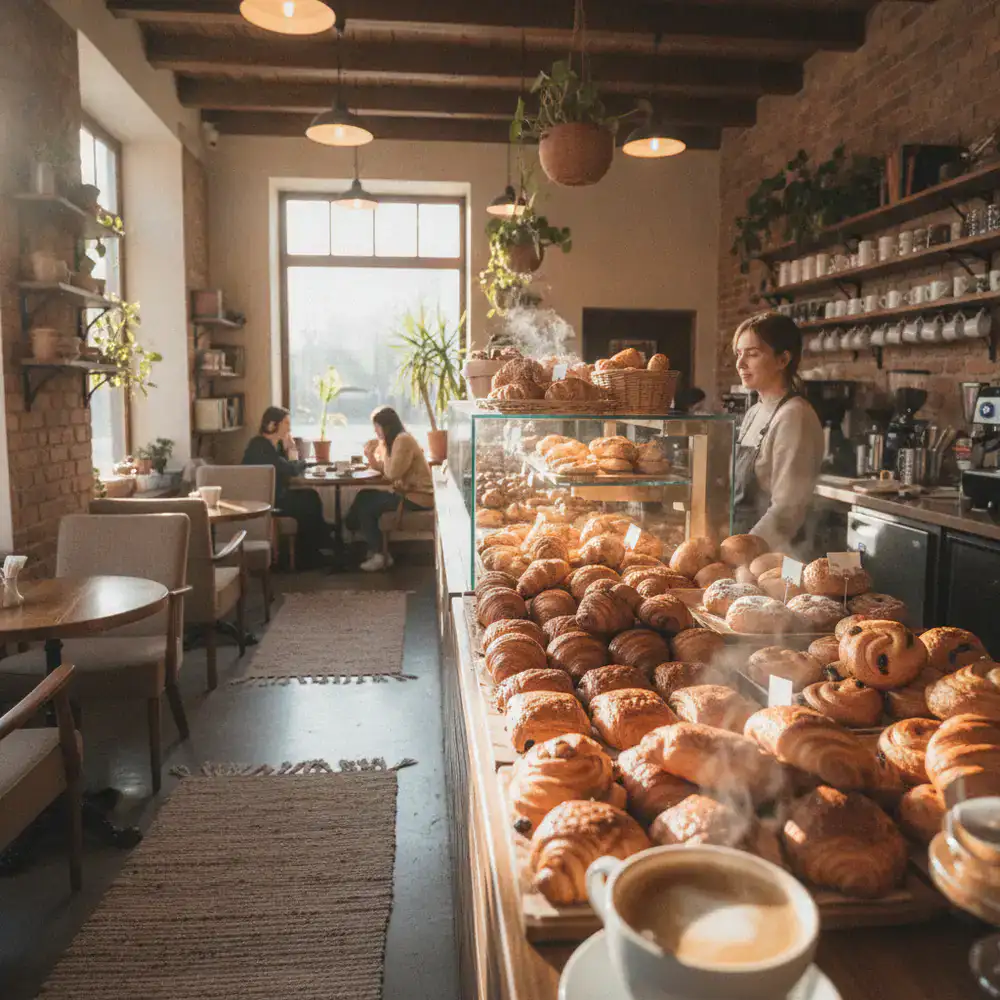 Intérieur chaleureux du café Cyloplit avec des viennoiseries fraîches