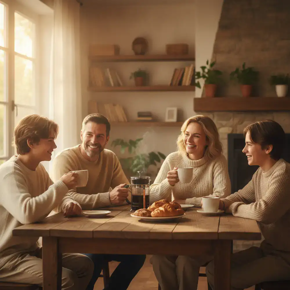 Famille souriante dégustant un café