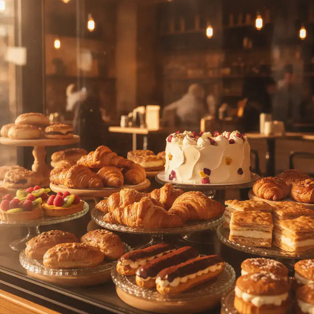 Détail de la vitrine de pâtisseries