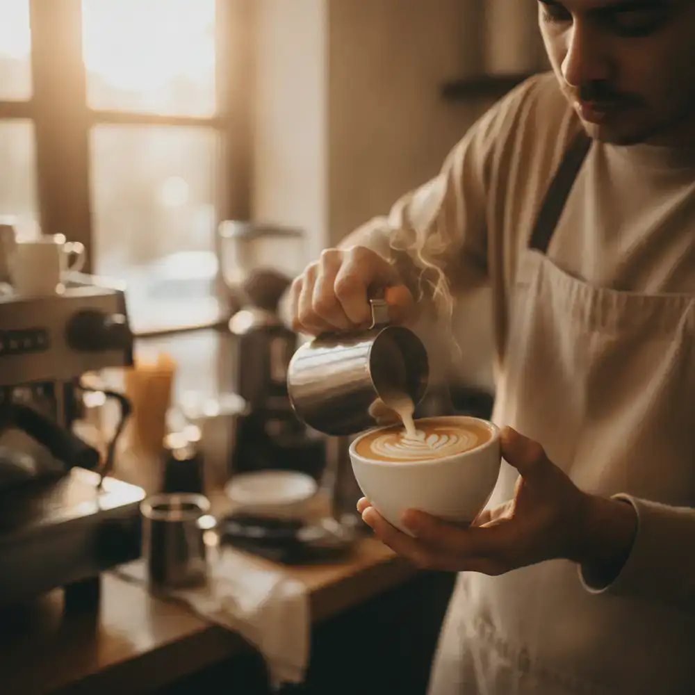 Barista réalisant un latte art parfait